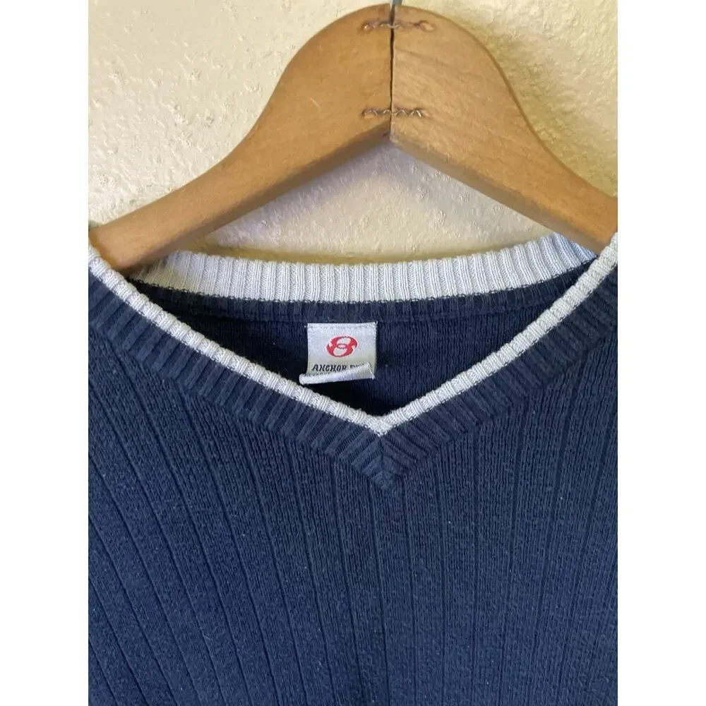 Vintage Y2K Anchor Blue Knit Sweater Men’s XL Navy V Neck